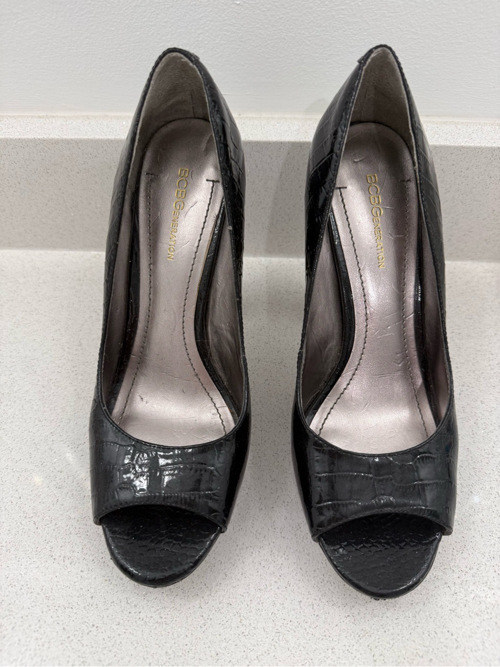 BCBGeneration Black Croc-Embossed Peep-Toe Pumps